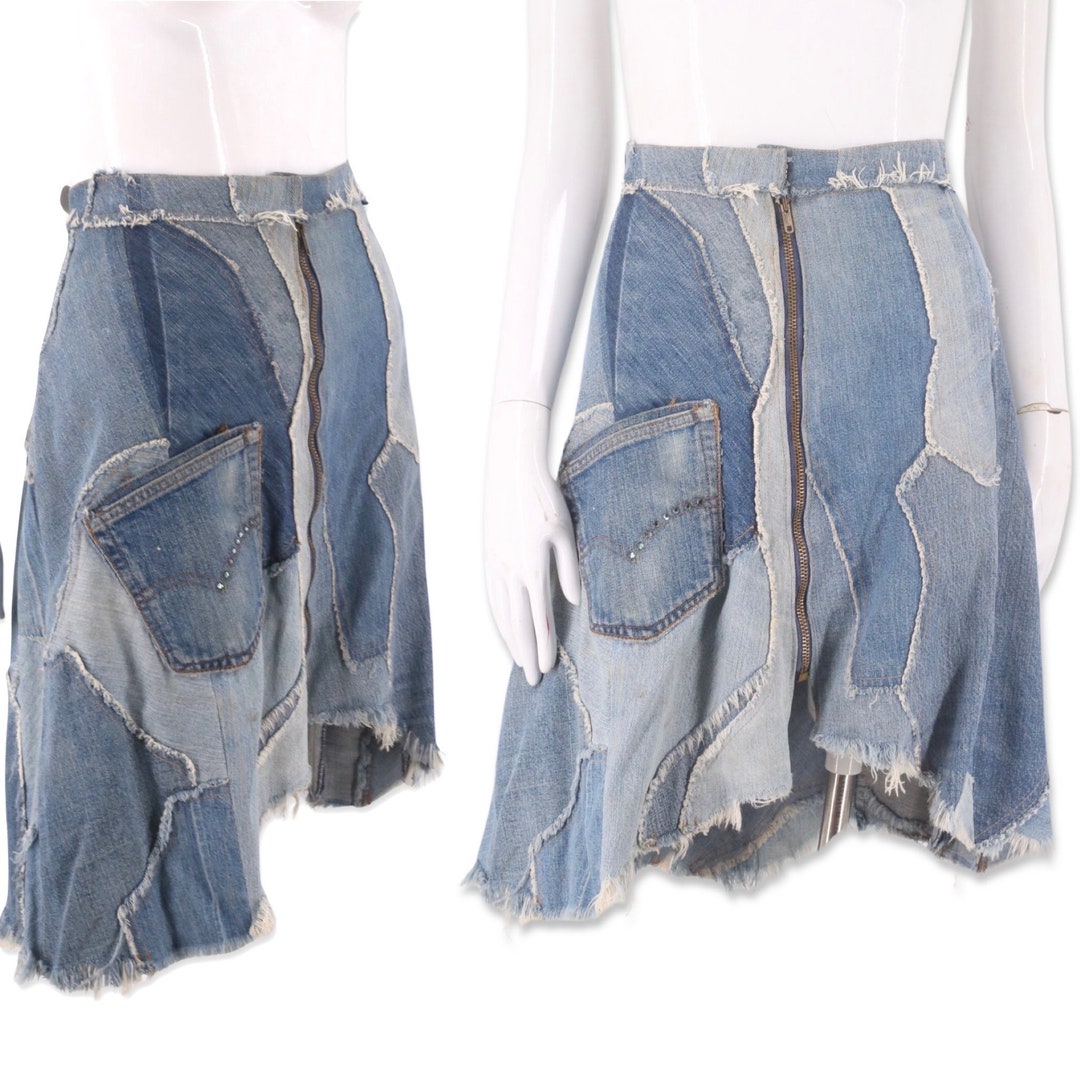 70s Patchwork Denim Skirt 32, Vintage 1970s Custom Denim, Zipper Skirt ...