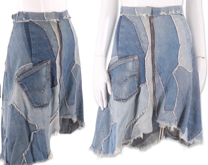 70s patchwork denim skirt 32, vintage 1970s custom denim, zipper skirt, A line denim skirt M 8 Love Melody