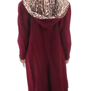 40s hooded leopard swing coat, vintage 1940s cranberry winter coat, cheetah print coat, 30s Deco coat M/L image 4