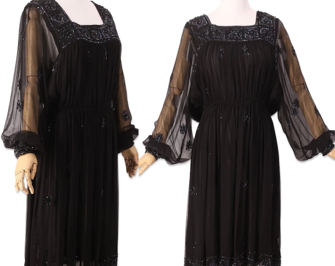 70s JUDITH ANN  black silk peasant dress L / vintage 1970s sequin chiffon billowy hippy festival dress large witch goth