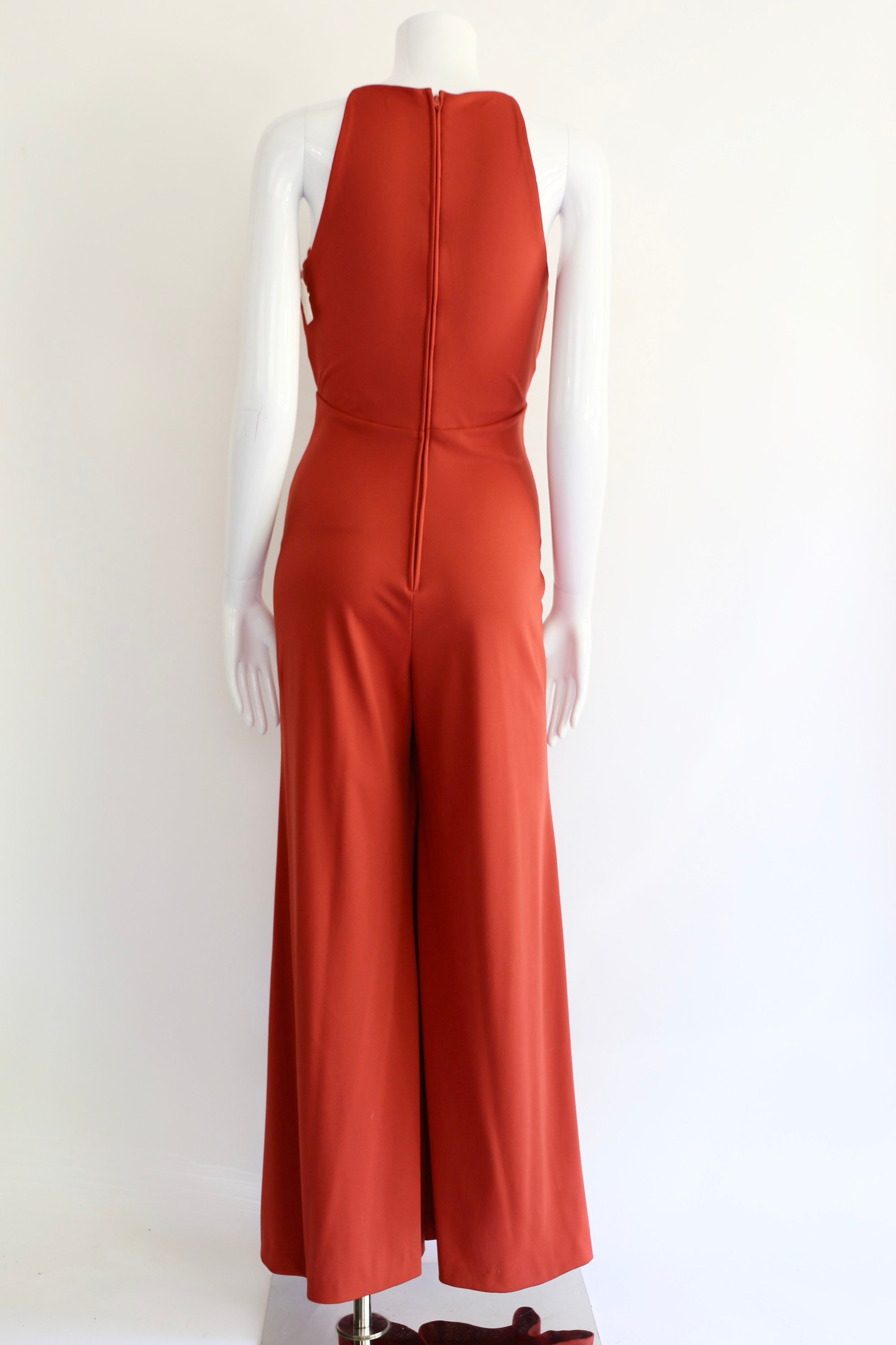 70s vintage disco jumpsuit size S / 1970s rust peek a boo poly jersey ...