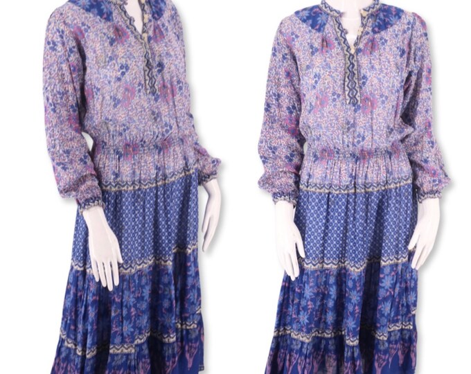 70s KAISER India print peasant dress S , vintage 1970s purple blue tissue cotton dress, block print hippy festival dress caftan  sz Small