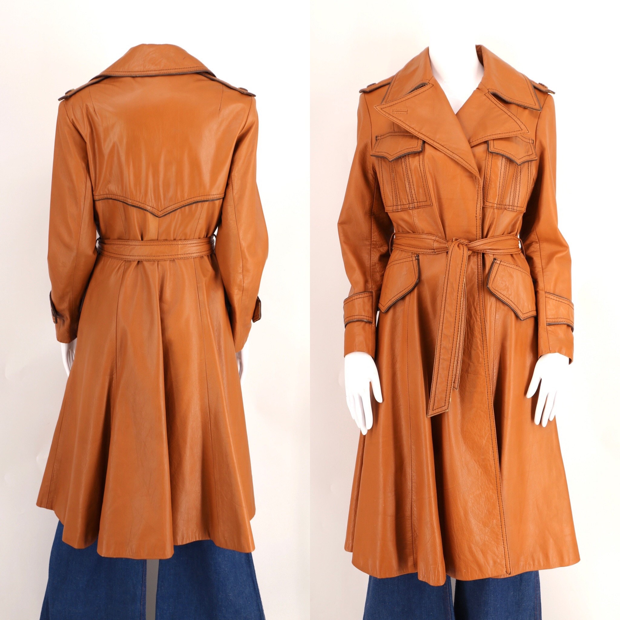 70s caramel leather trench coat sz M / vintage 1970s WILSONS belted ...