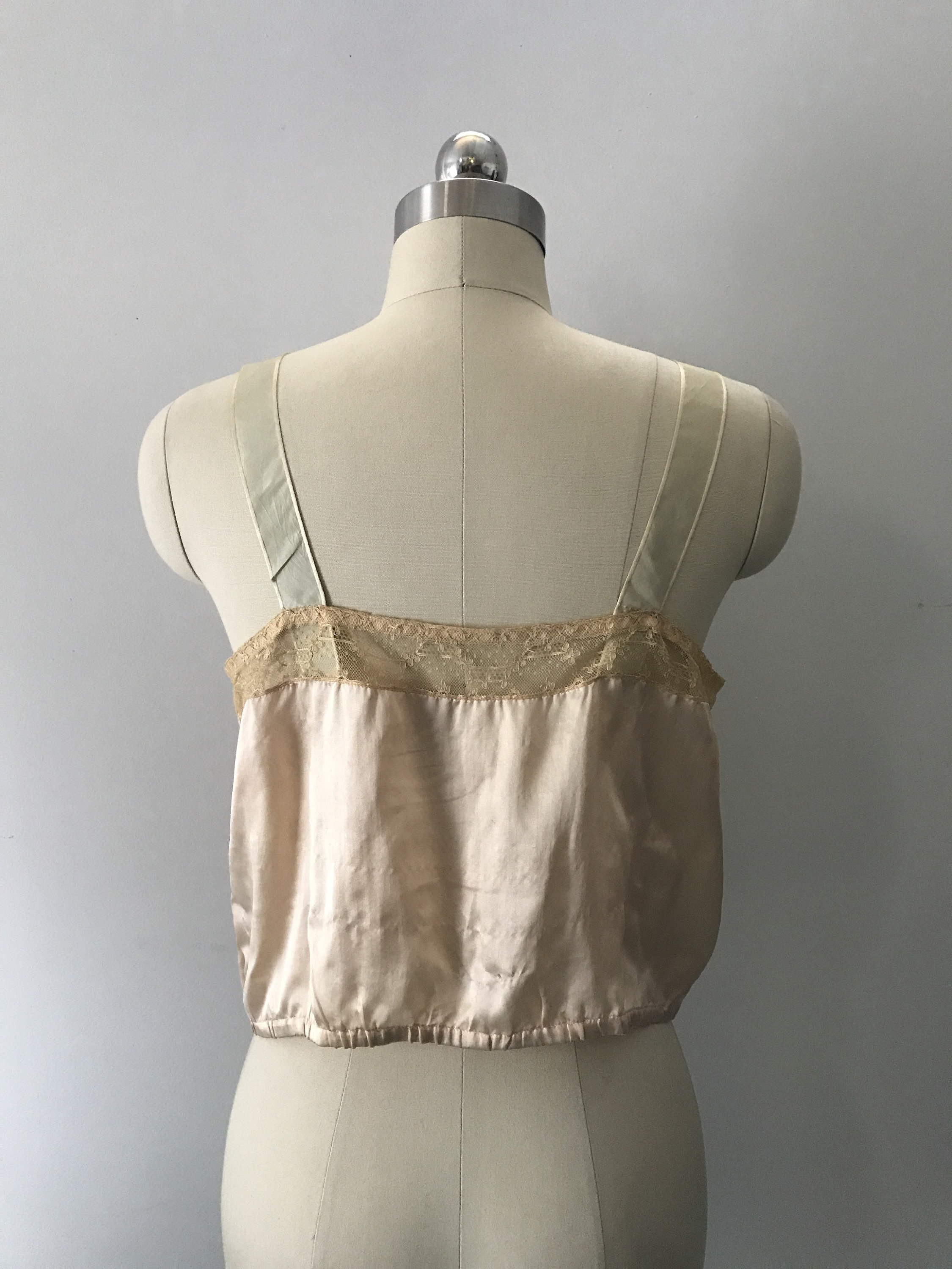 20s IRISH CROCHET handmade silk ribbon sheer tie back camisole bra top ...