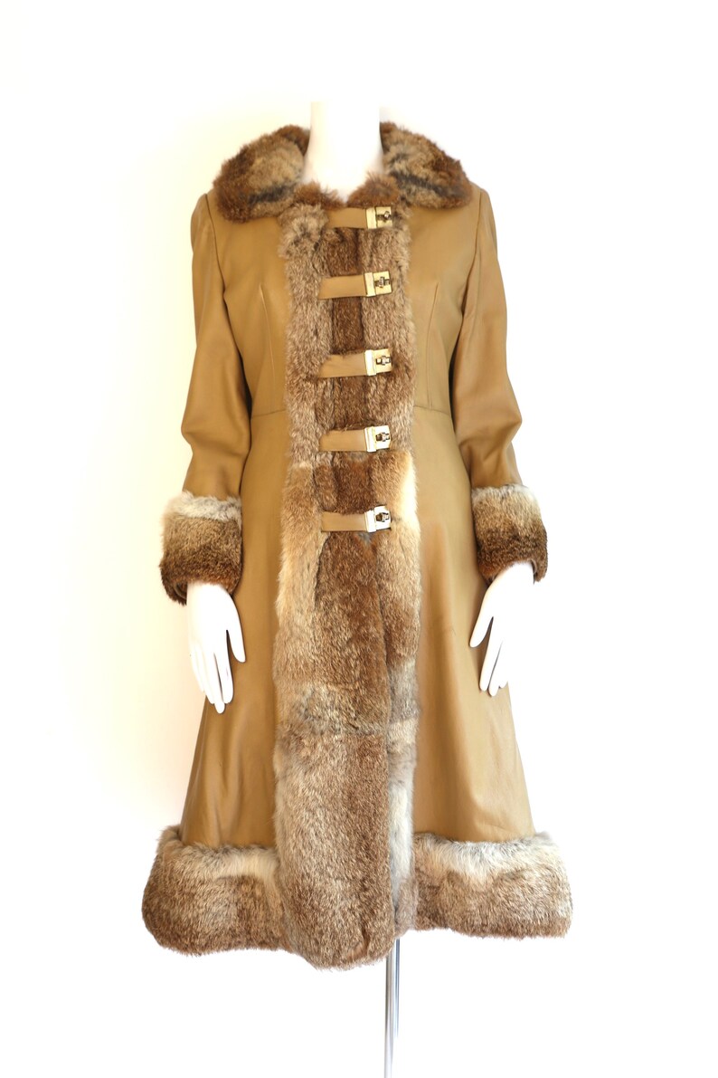 VTG 60s 70s BROWN CREAM FUR TRIM DOUBLE BREASTED PENNY LANE LEATHER COAT 8 10 main image 0