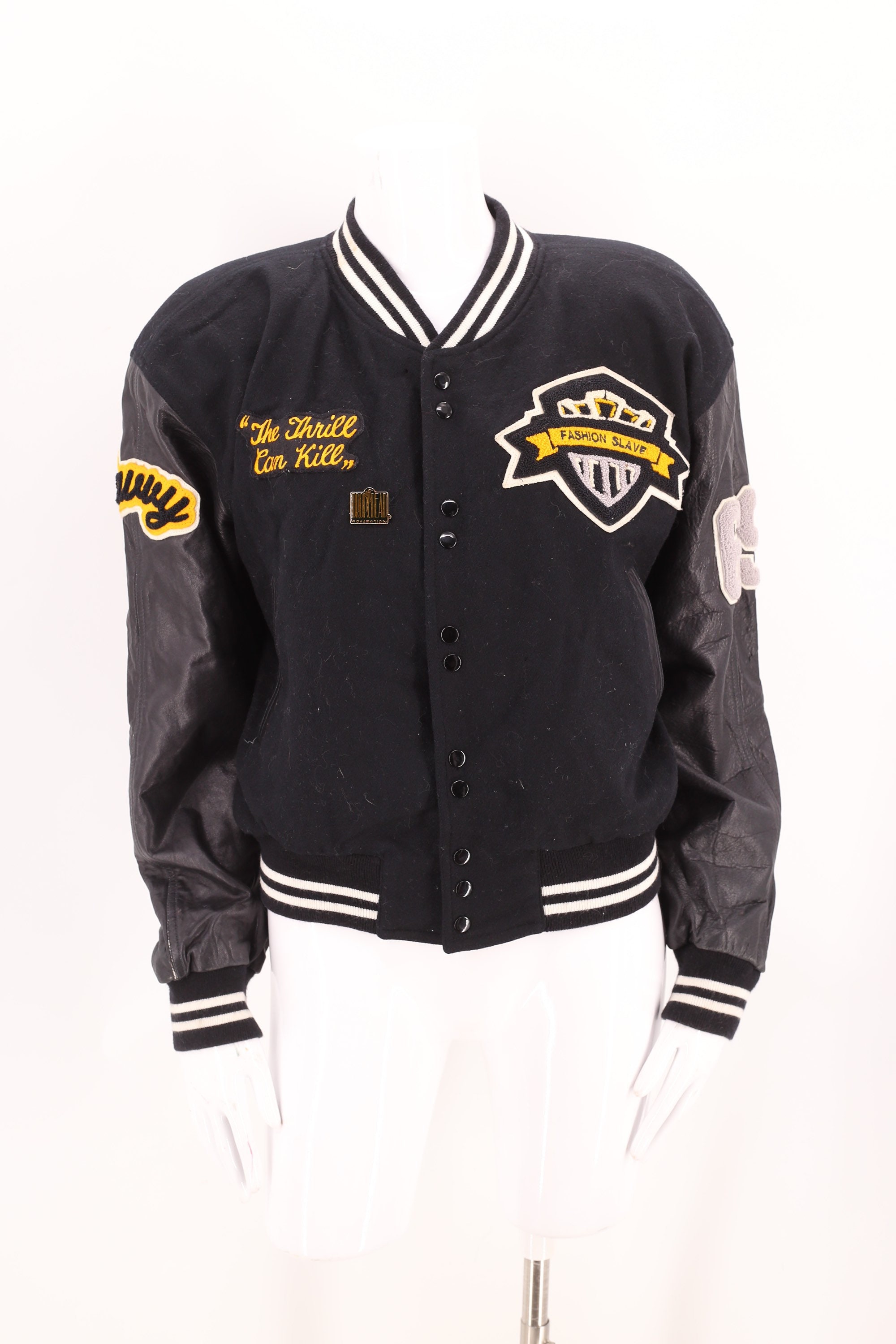 90s Novelty black leather varsity jacket S / vintage 1990s 90s Novelty black leather varsity jacket S / vintage 1990s