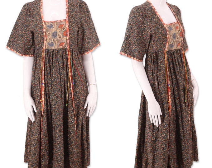 70s PJ WALSH peasant dress S, vintage 1970s mixed media cotton dress, 70s summer dress