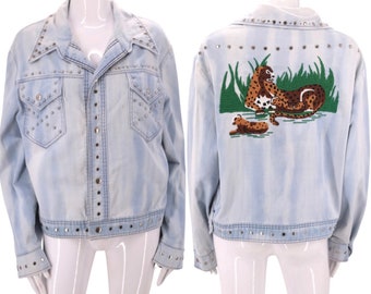 70s studded denim custom stitched jacket L, vintage 1970s novelty animal print, brushed cotton embroidered jacket large Glam Rock
