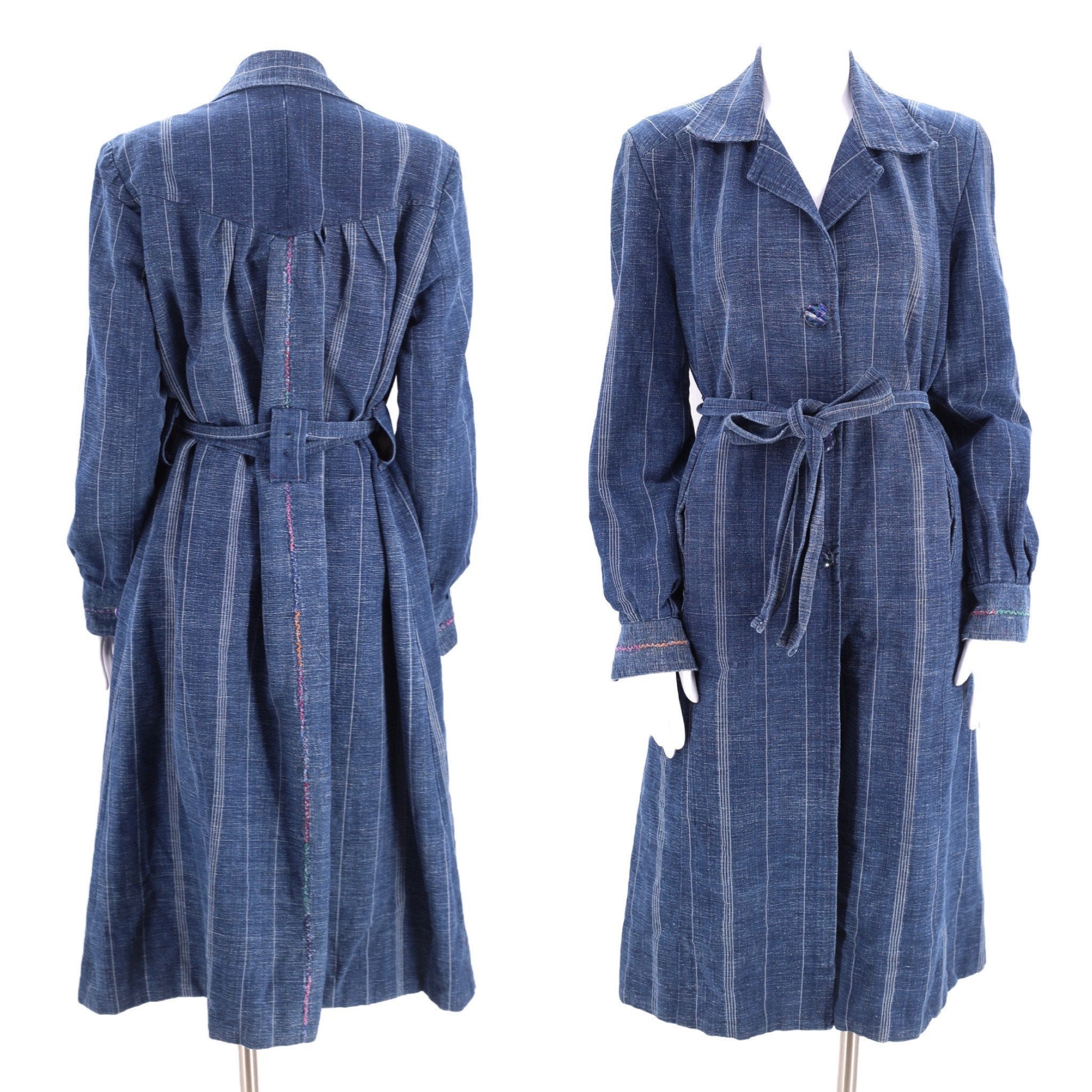 vintage INDIGO dyed trench coat sz L / woven cotton Japan Shibori ...