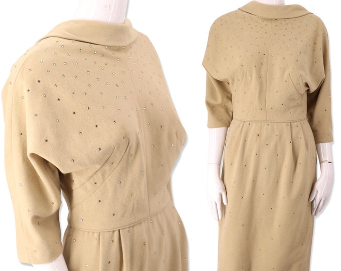 50s oyster wool rhinestone day dress 25" / vintage 1950s cream beige wiggle cocktail dress S