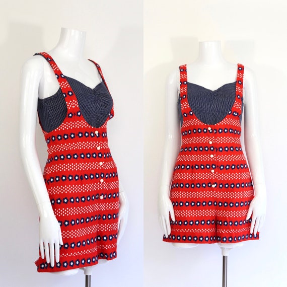 60s daisy print red cotton romper / 1960s vintage