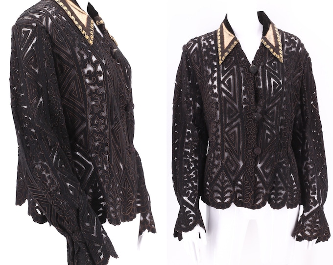 1800s Victorian mourning jacket, 1890s black cut work mesh bodice, antique tape lace jacket, rare Edwardian