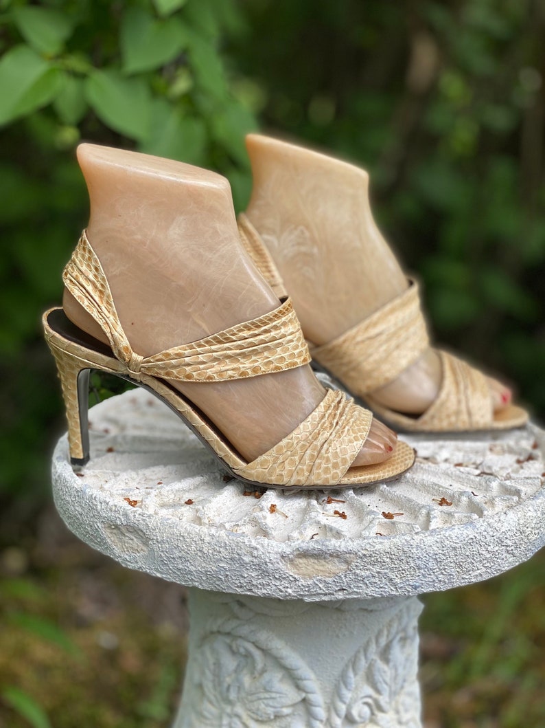 70s sz 6.5 HALSTON python sandals high heels, vintage 1970s 80s beige strappy shoes, disco heels, pumps shoes 36.5 image 1