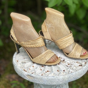 70s sz 6.5 HALSTON python sandals high heels, vintage 1970s 80s beige strappy shoes, disco heels, pumps shoes 36.5 image 8