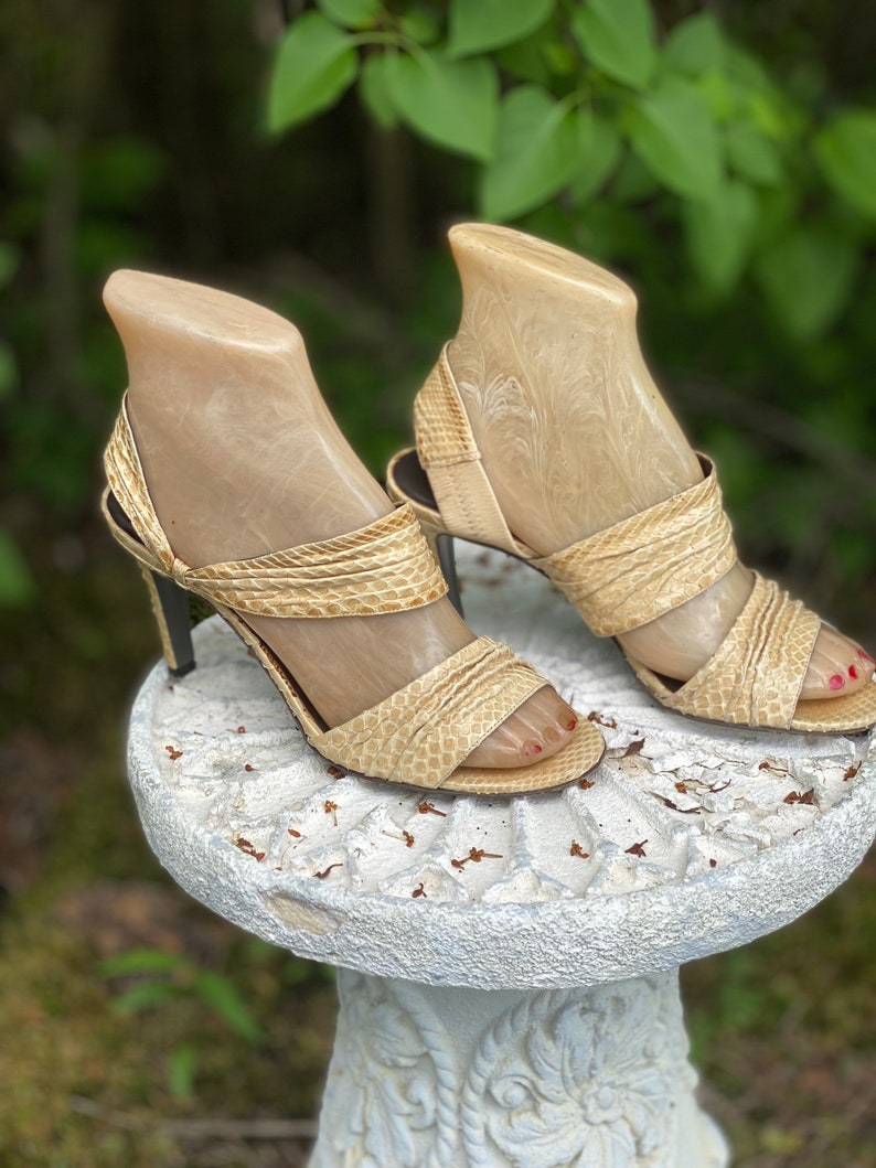 70s sz 6.5 HALSTON python sandals high heels, vintage 1970s 80s beige strappy shoes, disco heels, pumps shoes 36.5 image 8