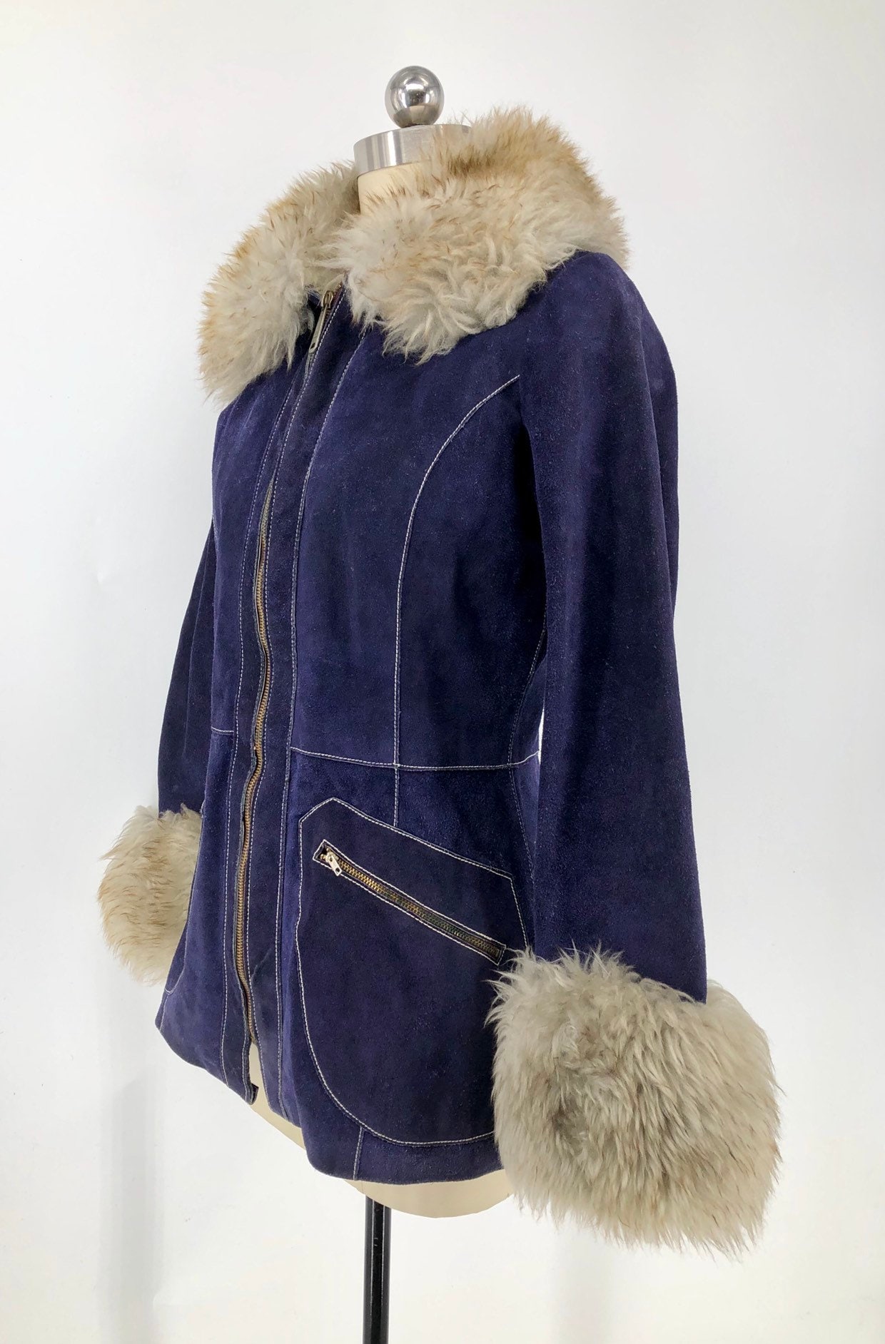 70s PENNY LANE navy suede & shearling trim zipper fall / winter jacket
