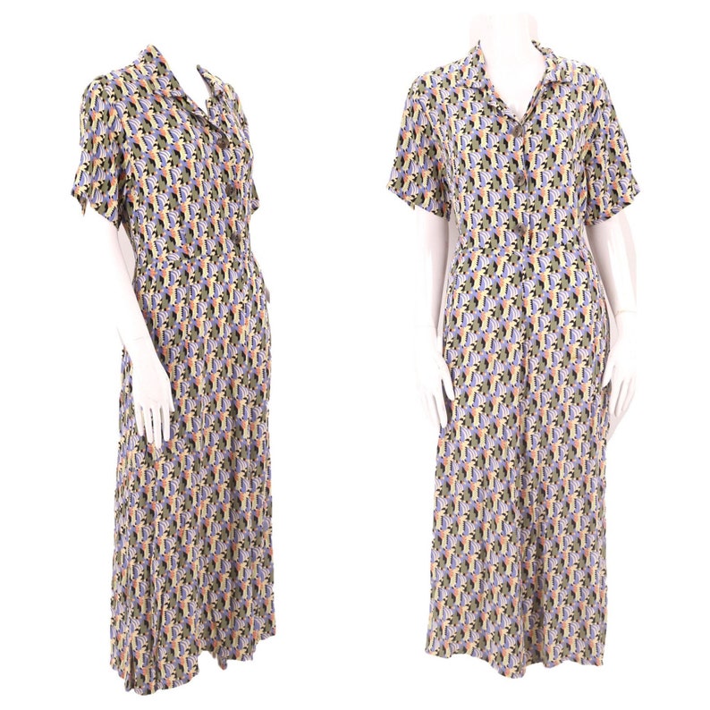 90s FLAX rayon print dress L / vintage 1990s does 40s button front dress L image 1