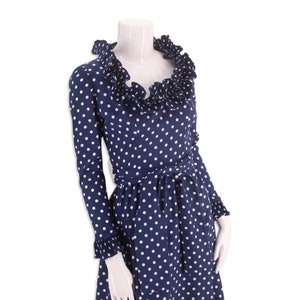 80s VICTOR COSTA navy day dress size S, vintage 1980s polka dot print party dress, ruffle midi dress sz 4 image 2