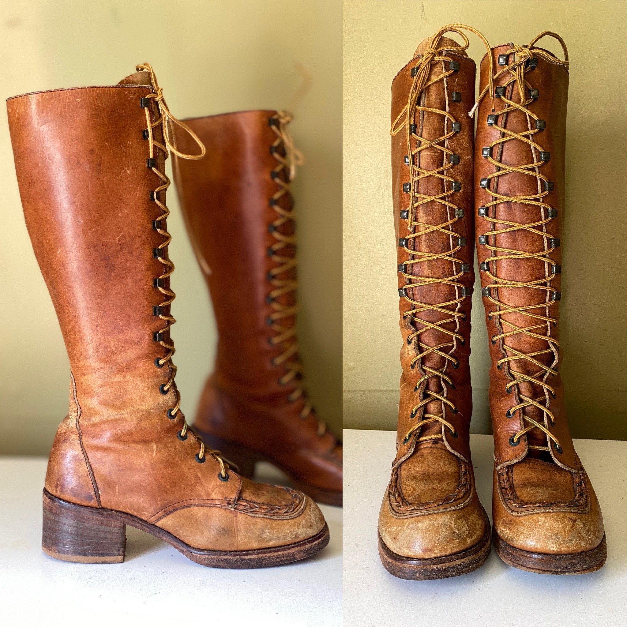 60s ZODIAC Sz 8 Lace up Leather Knee High Boots / Vintage 60s ZODIAC Sz 8 Lace up Leather Knee High Boots / Vintage