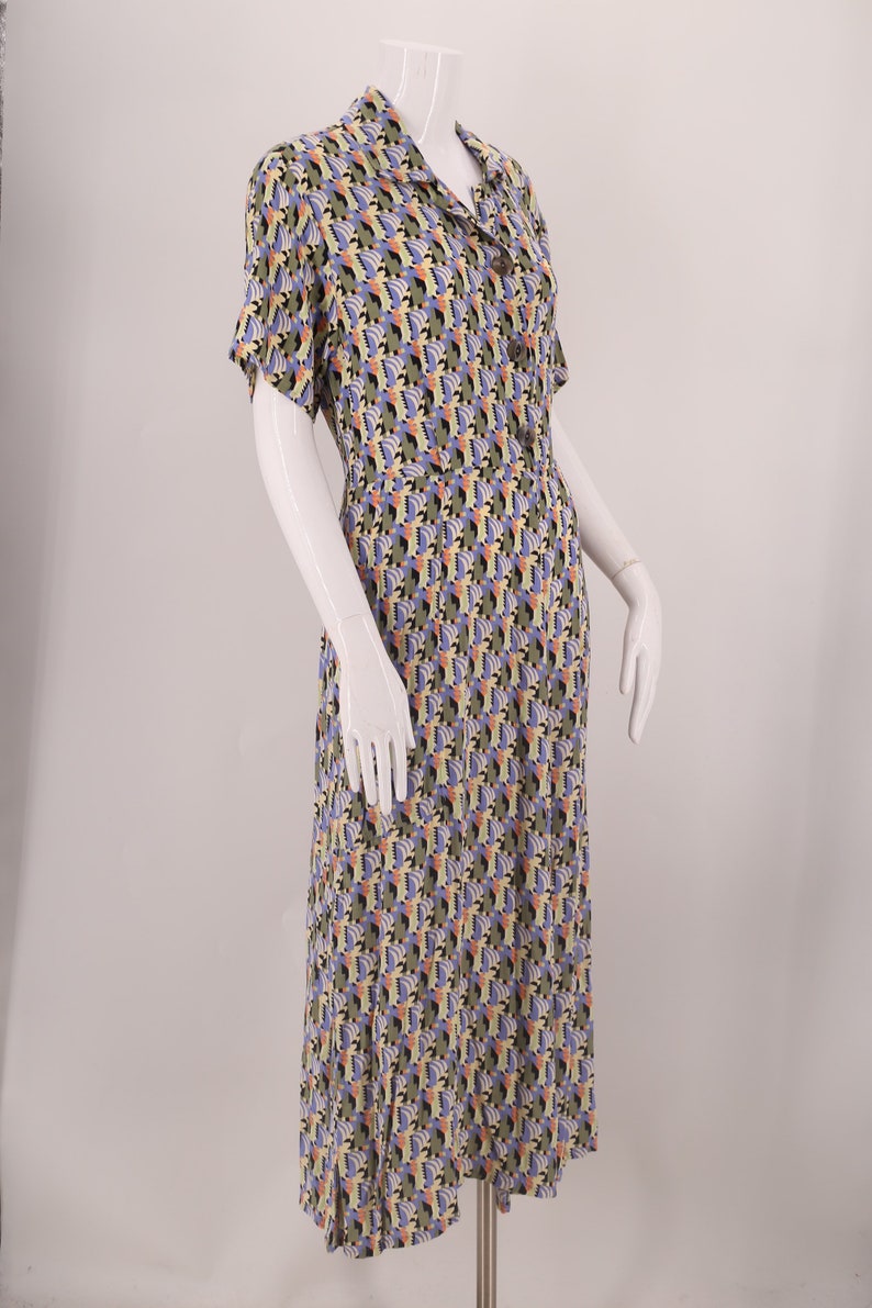 90s FLAX rayon print dress L / vintage 1990s does 40s button front dress L image 6