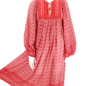 70s JUDITH ANN peasant dress S, vintage 1970s Rita Kumar red tissue cotton dress, India print festival caftan XS 4 image 8