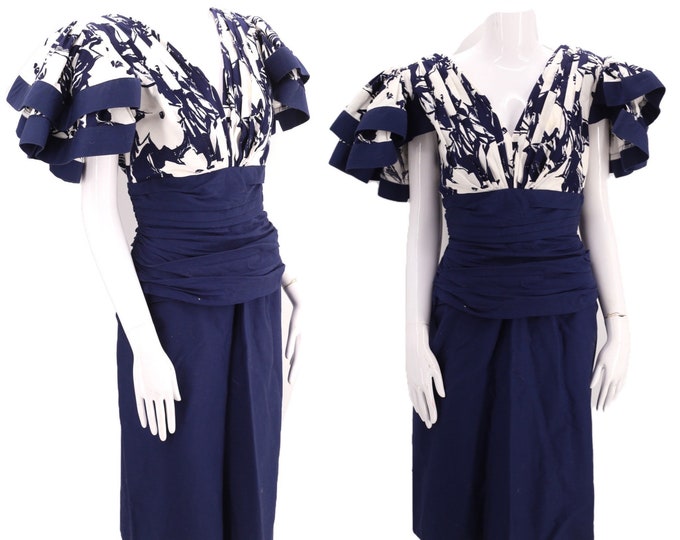 80s TADASHI print cocktail dress size 12 / vintage 1980s cotton navy white poufy origami extreme evening dress L