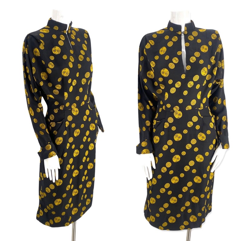 40s silk rayon day dress, vintage 1940s medallion print tailored dress, 50s wiggle dress, black yellow dress 25 W image 1