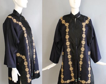 20s CHINESE silk formal printed and embroidered ceremonial ROBE kimono jacket navy silk 1920s 30s vintage