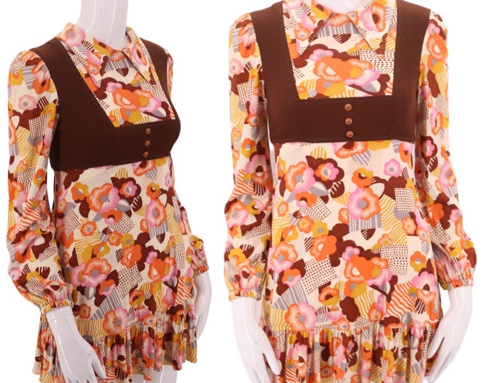 60s PATRICIA FAIR print micro mini dress S  / vintage early 1960s Art Deco 30s print Dolly skater dress