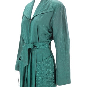 30s rayon Satin emerald dressing gown M / vintage late 1930s 40s dot print zip front dress with wide sweep and sash 1940s S-M image 7
