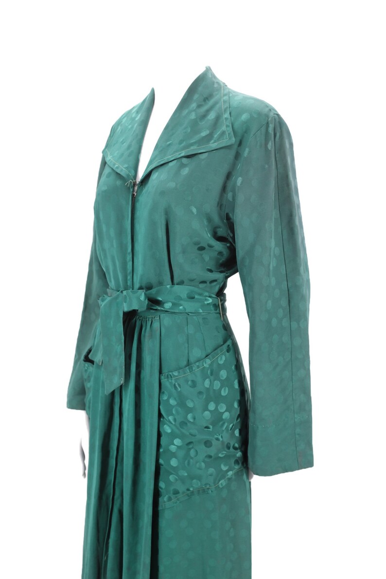 30s rayon Satin emerald dressing gown M / vintage late 1930s 40s dot print zip front dress with wide sweep and sash 1940s S-M image 7