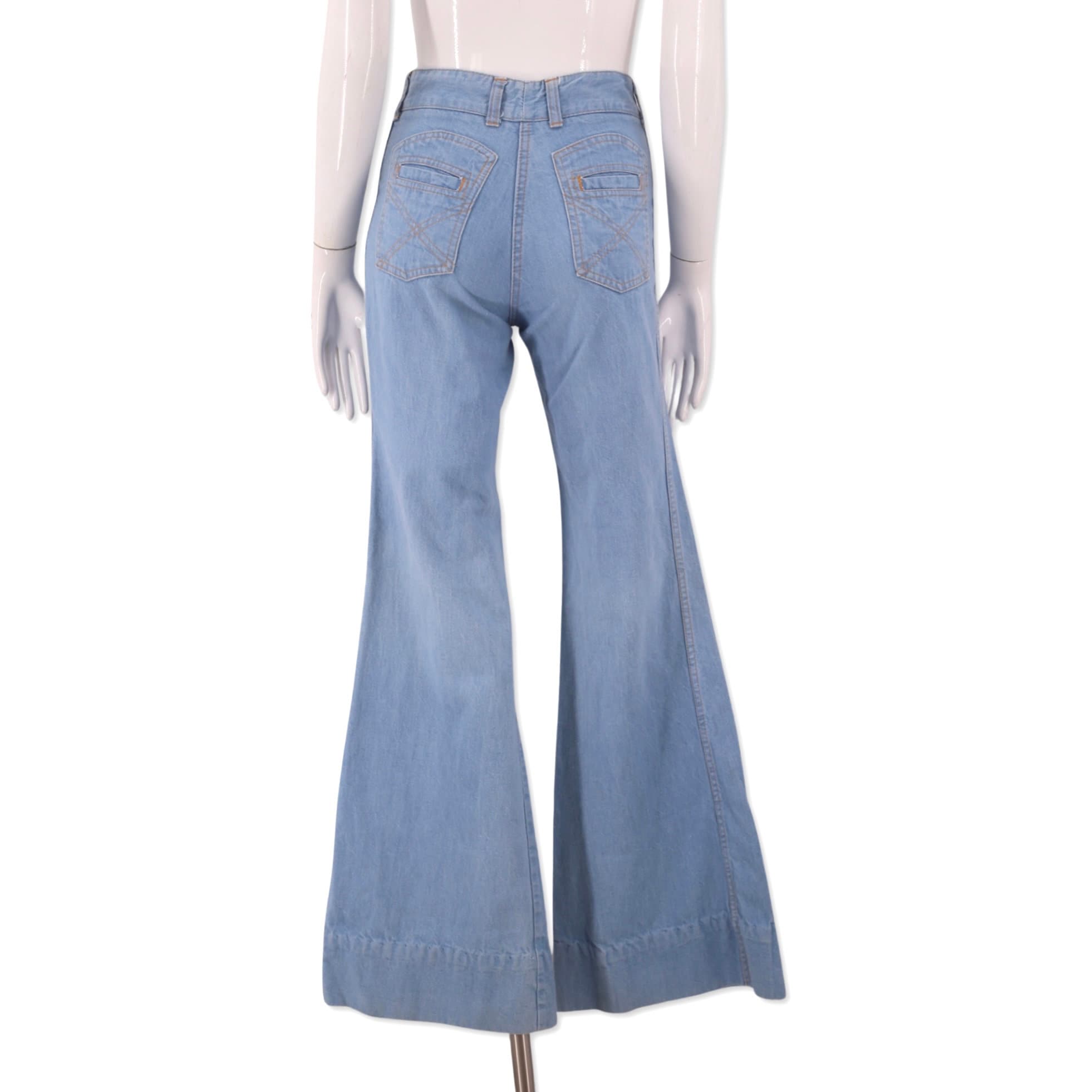 70s Chemin De Fer denim bell bottoms jeans sz 2, vintage 1970s high rise  bells, 70s stitched flares pants sz XS 2-4