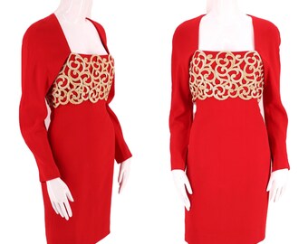 80s ADELE SIMPSON red cocktail dress 4-6, 1980s vintage rayon crepe w/ gold cage appliqué S