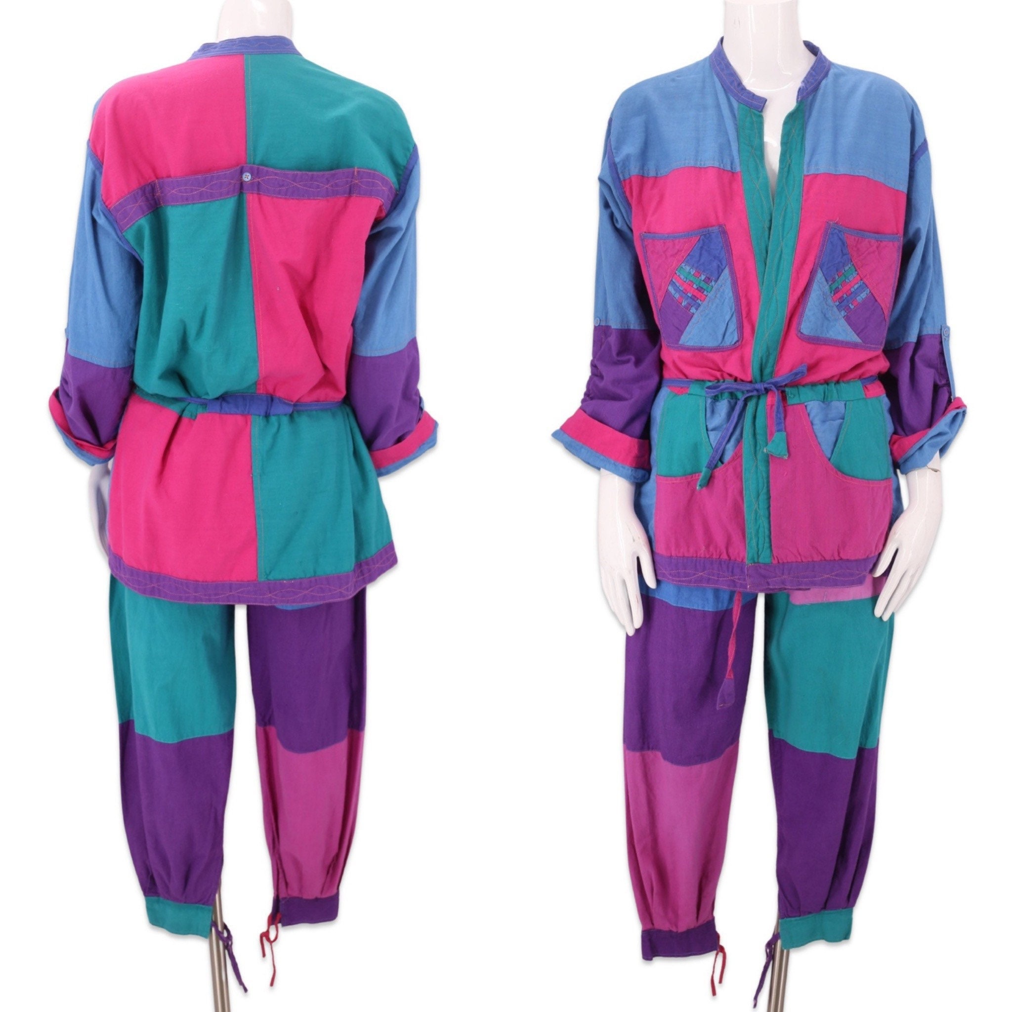 80s color block cotton set M, vintage 1980s colorful jacket and pants