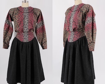 80s GEOFFREY BEENE silk print & wool peasant set vintage skirt top outfit 1980s