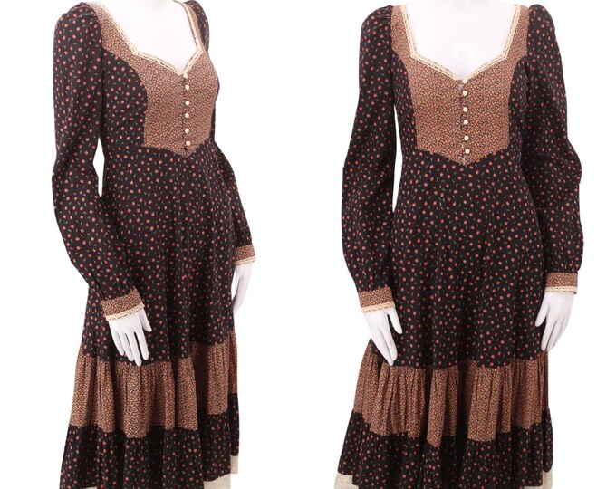 70s GUNNE SAX dress black cotton prairie midi S / vintage 1970s calico peasant print ruffle dress gown
