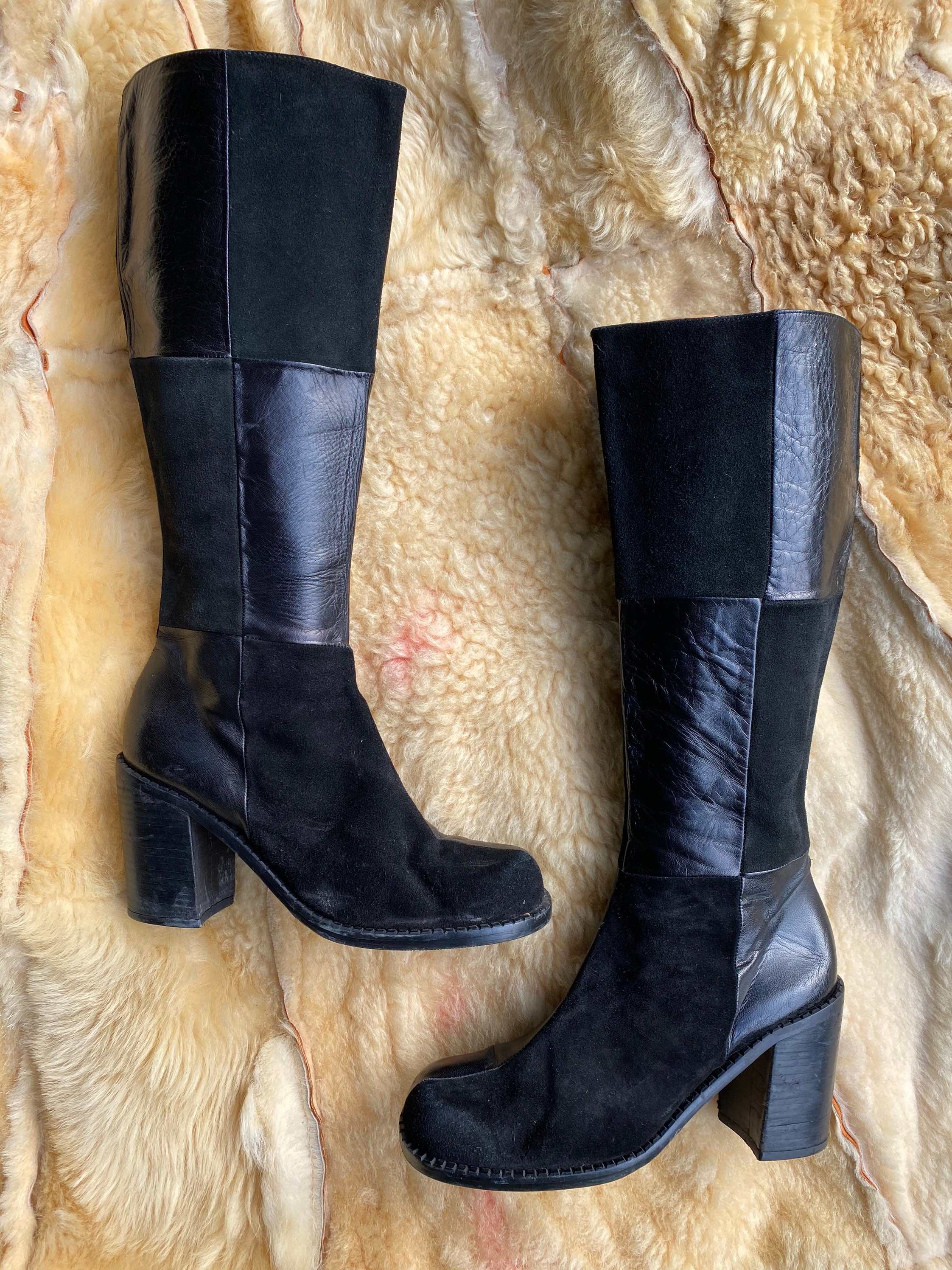 women's trendy vintage leather patchwork chunky calf boots