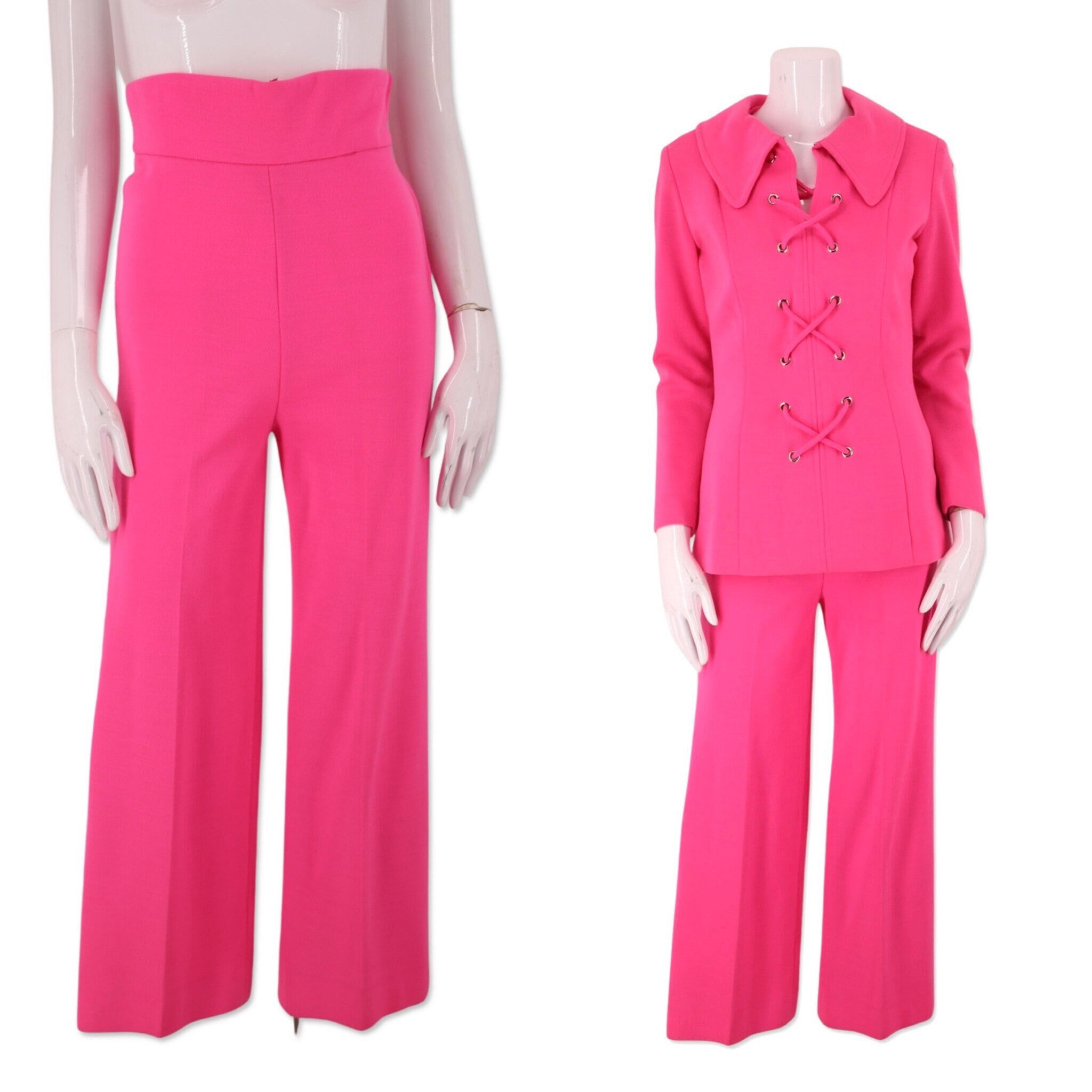 60s pink lace up bell bottom knit suit 4-6 / vintage 1960s neon tunic