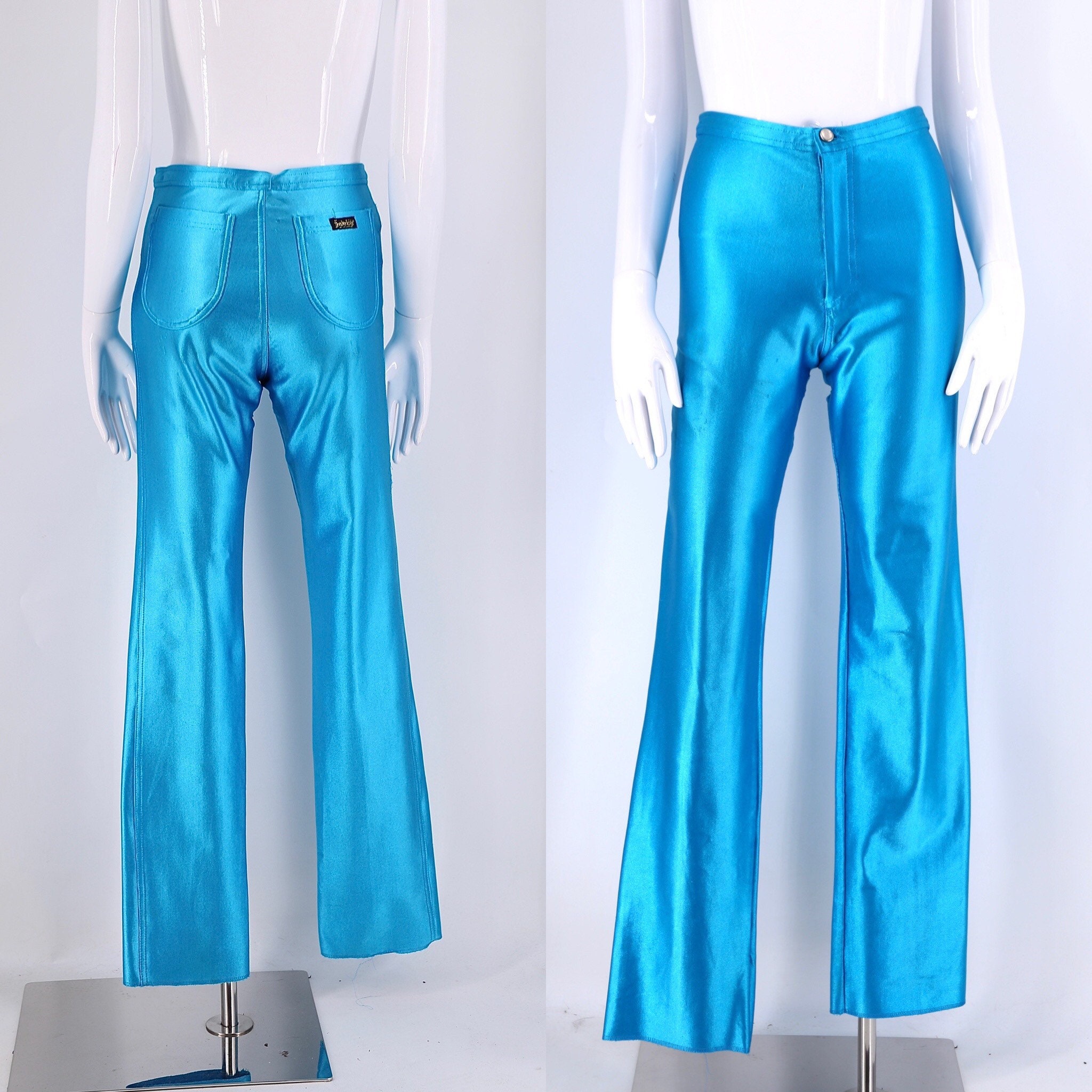 70s turquoise blue FREDERICKS of HOLLYWOOD original spandex disco pants M /  vintage 1970s shiny skin tight leggings size 6-8