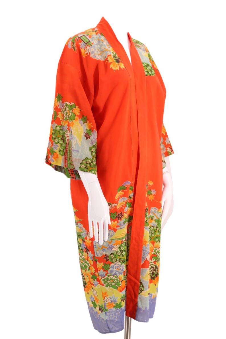 30s JAPAN kimono wool challis print robe / vintage 1930s export KIMONO in tangerine cherry blossom theme 20s image 3