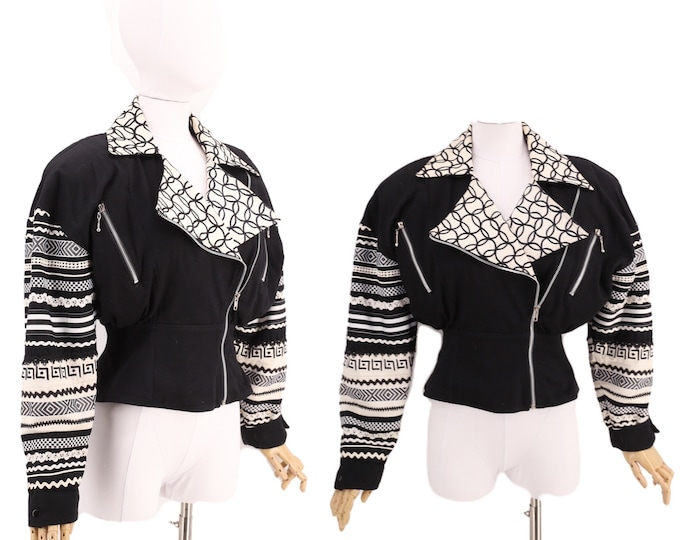 90s CACHE cotton print biker bomber jacket S / vintage early 1990s ribbon trim Fly Girl 80s Moto zipper jacket e