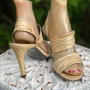 70s sz 6.5 HALSTON python sandals high heels, vintage 1970s 80s beige strappy shoes, disco heels, pumps shoes 36.5 image 9