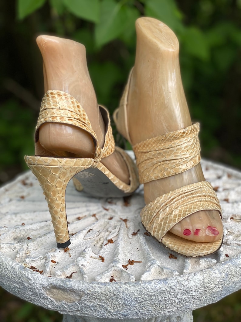 70s sz 6.5 HALSTON python sandals high heels, vintage 1970s 80s beige strappy shoes, disco heels, pumps shoes 36.5 image 9
