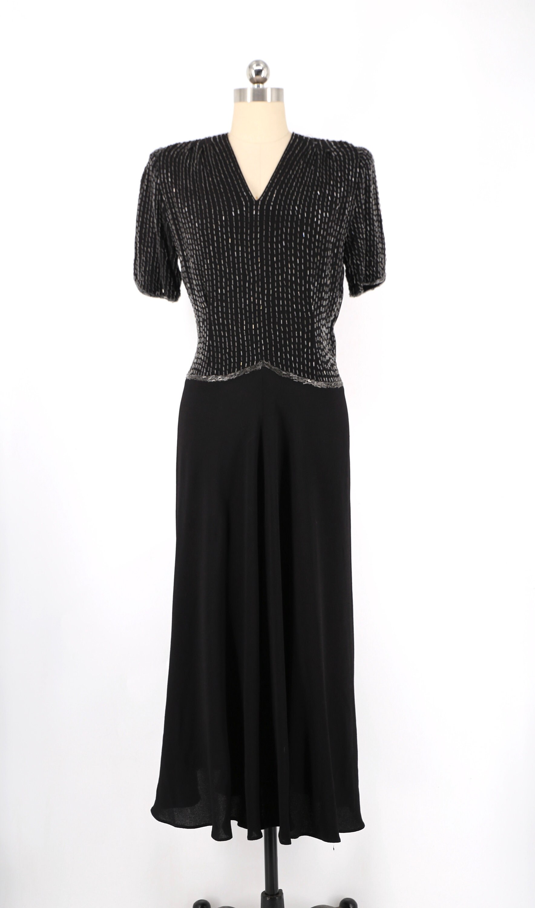 40s bugle beaded black crepe evening gown L