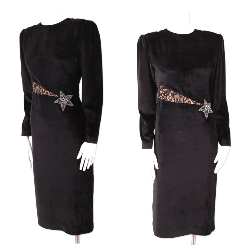 80s HANAE MORI vintage velvet dress 6 / black 1980s cocktail dress / celestial print evening holiday dress designer Japan M image 1