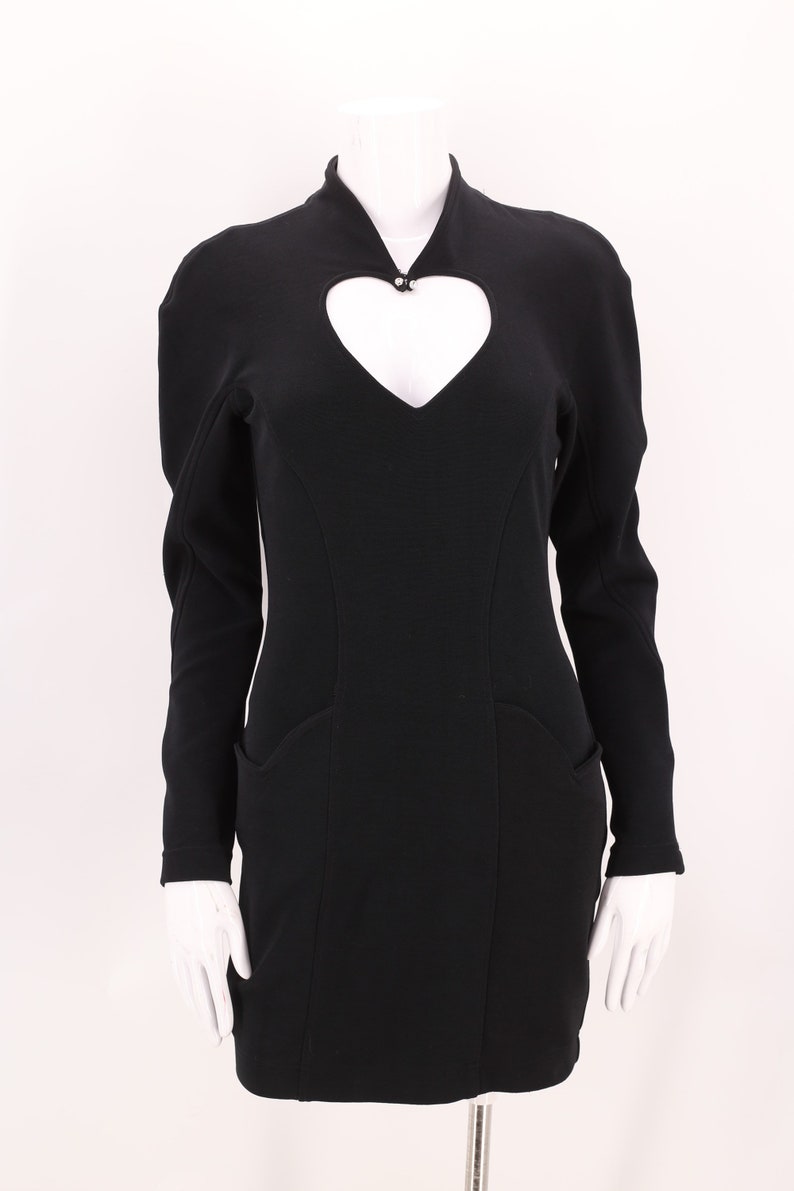 90s LILLIE RUBIN body con heart dress black sz 6 : vintage 1990s cut out stretch tight mini cocktail M image 6