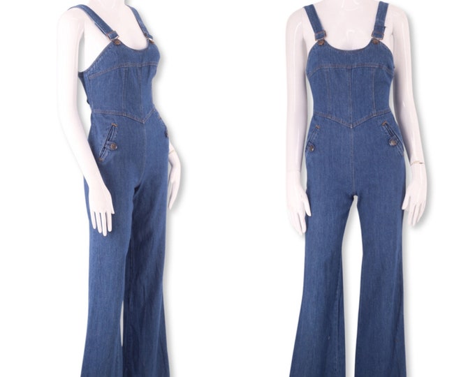 70s HIS denim bell bottom overalls 25, vintage 1970s skin tight jeans jumpsuit, 70s flares, 70s bells pants XS sz 0-2