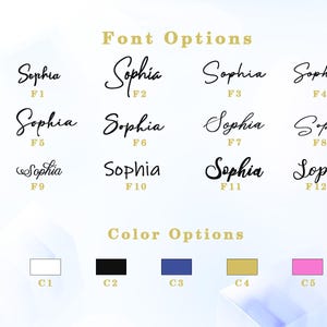 May include: Image showcasing font and color options for personalized designs. Features the name "Sophia" in various cursive fonts, labeled F1 through F12. Color swatches include white, black, blue, gold, and pink, labeled C1 through C5.