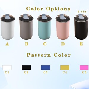 May include: A product image showcasing five insulated tumblers in various colors: white, gray, teal, pink, and black. Each tumbler has a black lid with a light gray slider. The tumblers are 4.5 inches tall and 3.0 inches wide. Color options and pattern colors are also displayed.