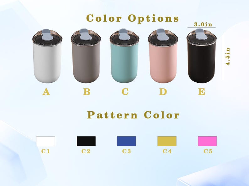 May include: A product image showcasing five insulated tumblers in various colors: white, gray, teal, pink, and black. Each tumbler has a black lid with a light gray slider. The tumblers are 4.5 inches tall and 3.0 inches wide. Color options and pattern colors are also displayed.